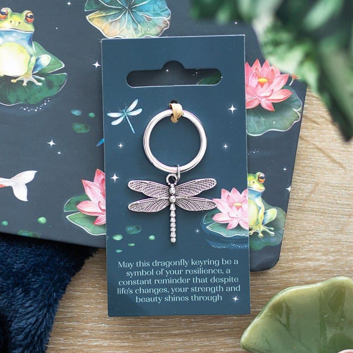 Metal dragonfly keyring on a pond-inspired backing card