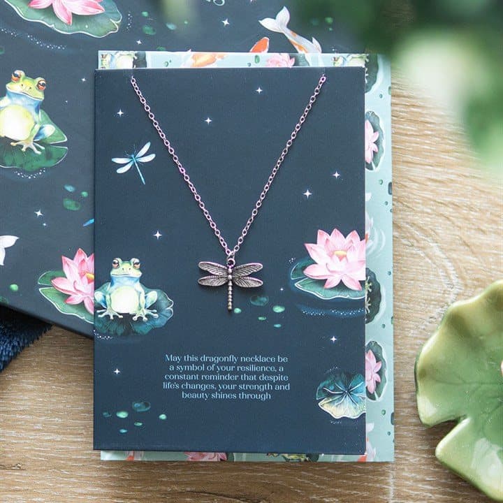 Dragonfly necklace on a greeting card