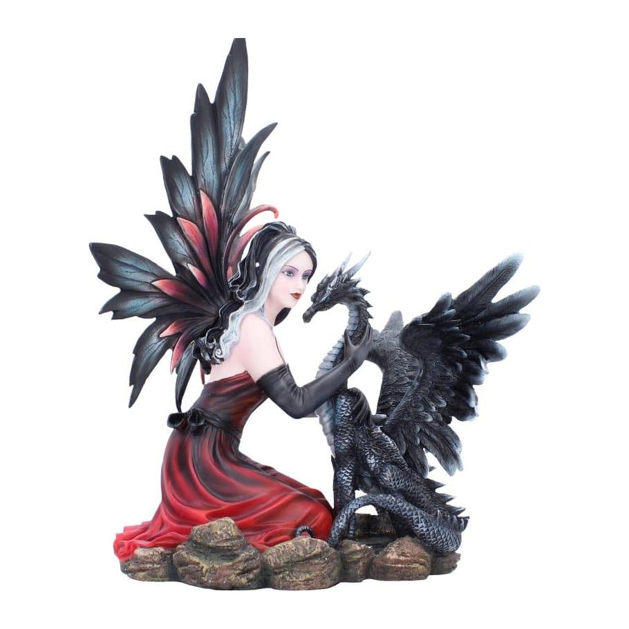 Dragons Whisper figurine of a gothic fairy kneeling beside a black dragon