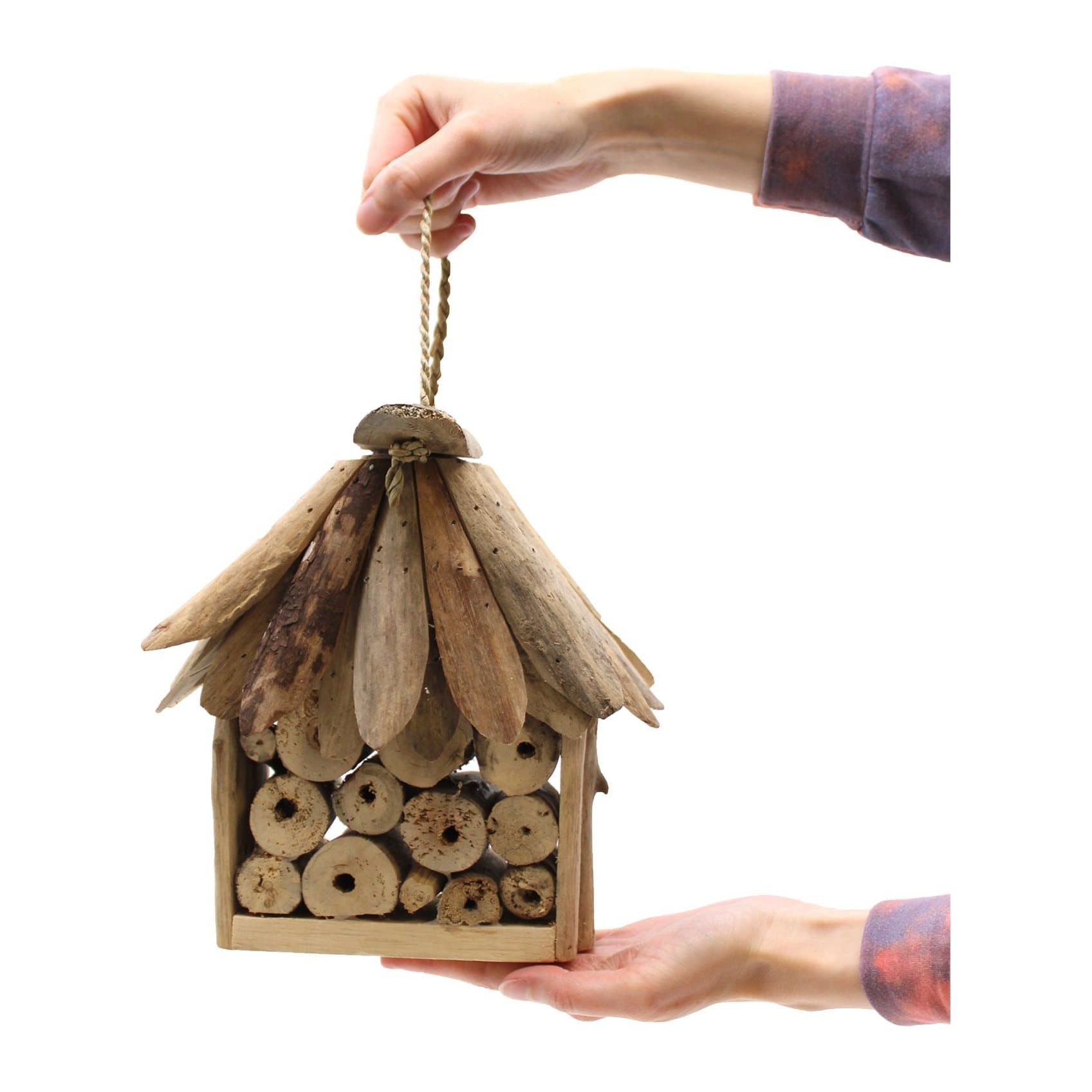 Recycled driftwood bee and insect box with a hanging rope