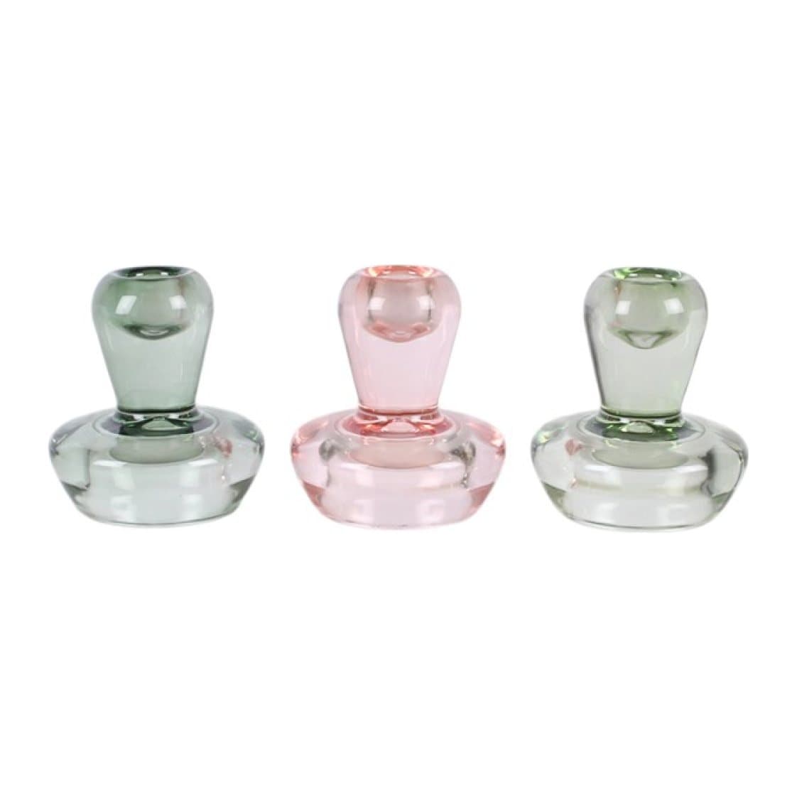Glass mushroom candle holders in light green, dark green and pink