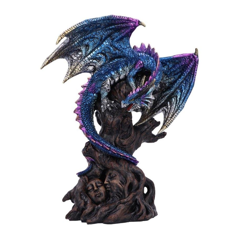 Metallic Ealdwoode dragon figurine perched on an ancient tree trunk