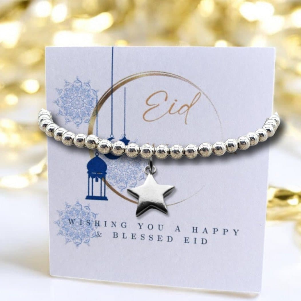 Silver star beaded stretch bracelet with an Eid Mubarak message card