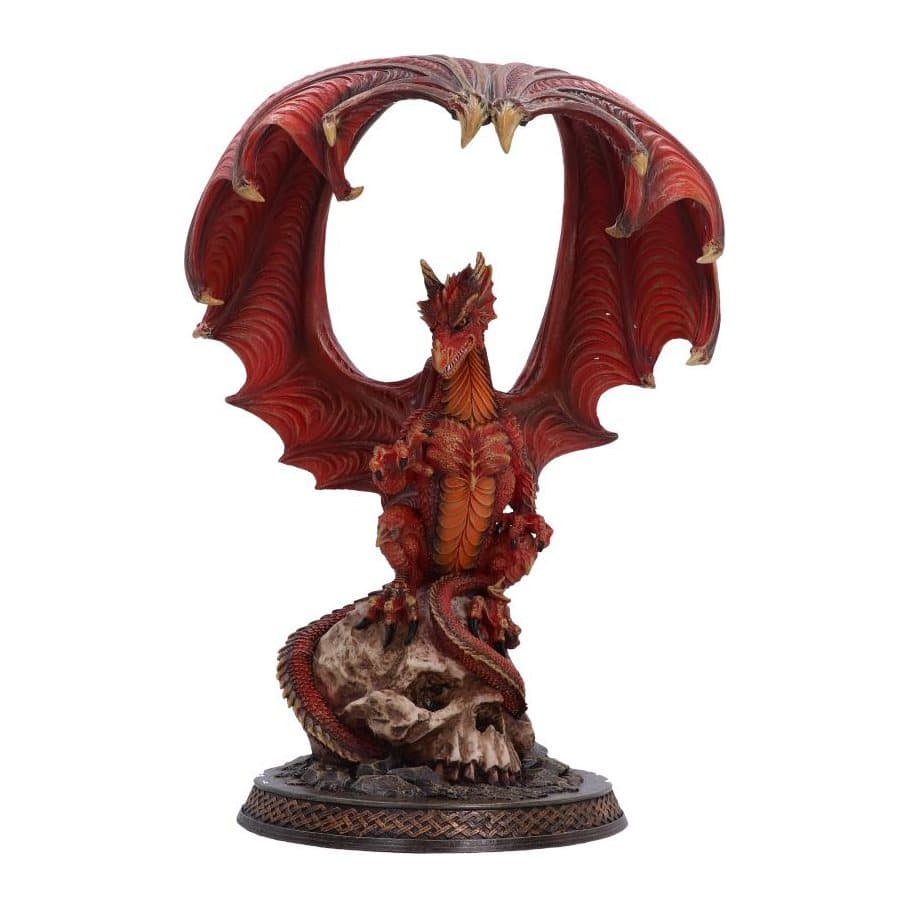 Red resin dragon with raised wings perched atop a skull, with orange accents
