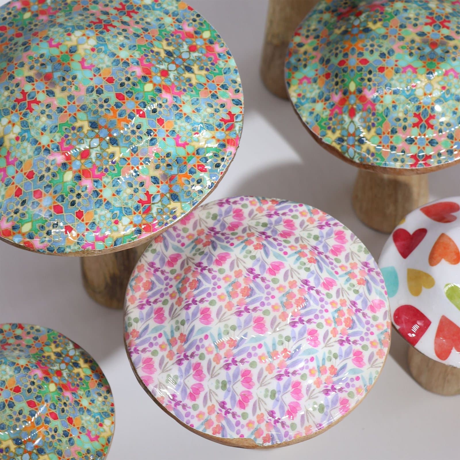 Wooden mushroom ornament with pastel heart enamel