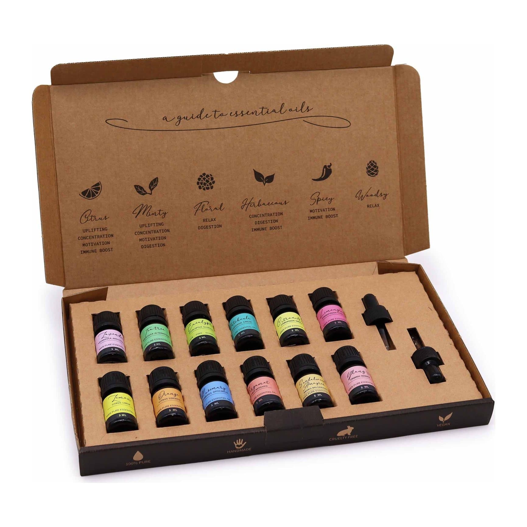 Boxed essential oil gift set of 12 small oil bottles with 2 droppers
