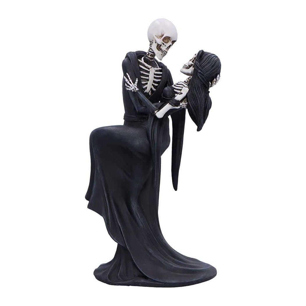 Two skeletal lovers in a dance, wearing dark matte black robes, resin figurine
