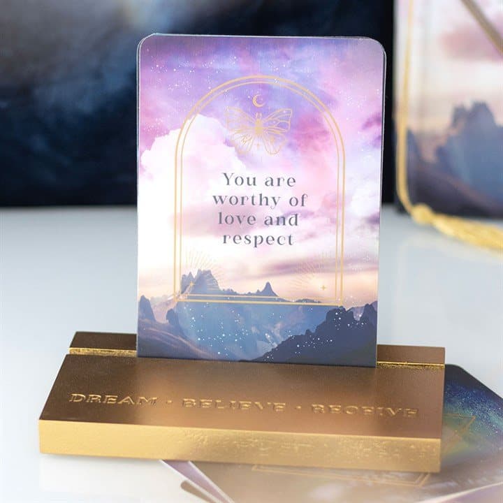Affirmation cards on a wooden stand