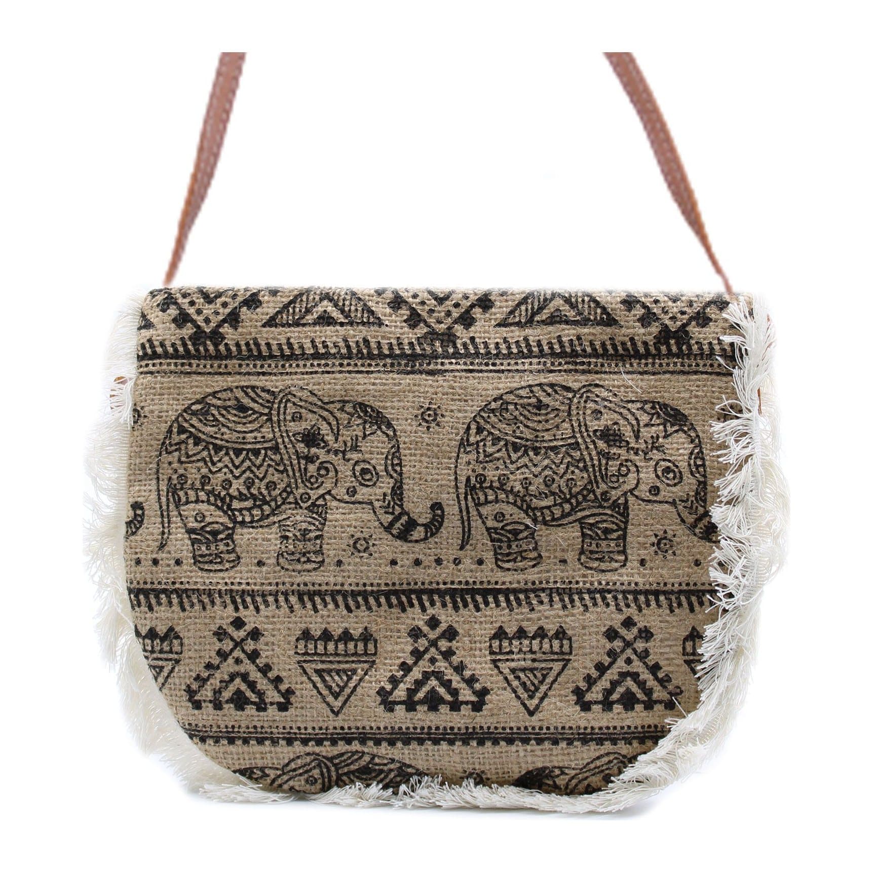 Jute fringe bag with an elephant print and a long strap