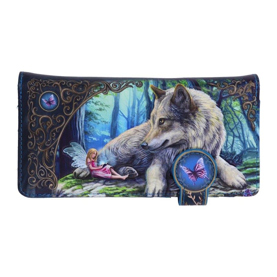 Embossed purse with a wolf and a fairy reading on a mossy rock