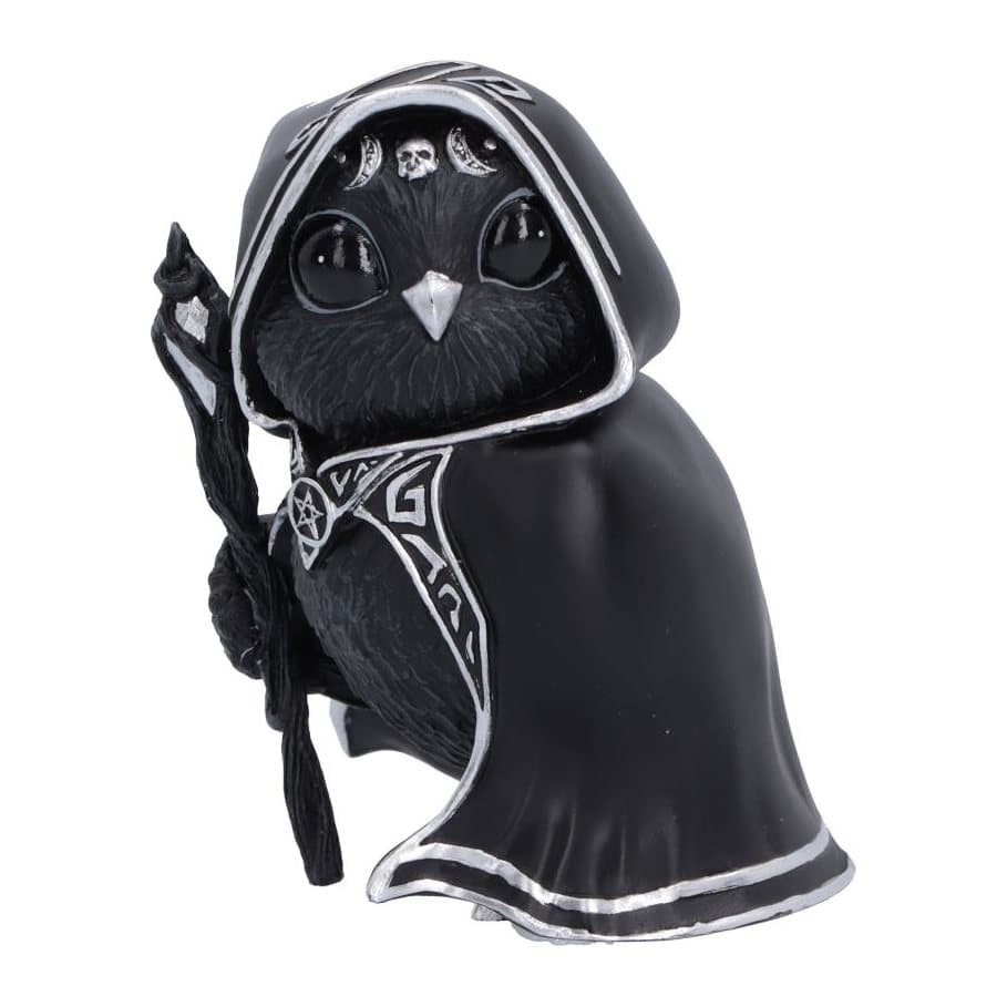 Featheros bird figurine in a black cloak holding a magical staff