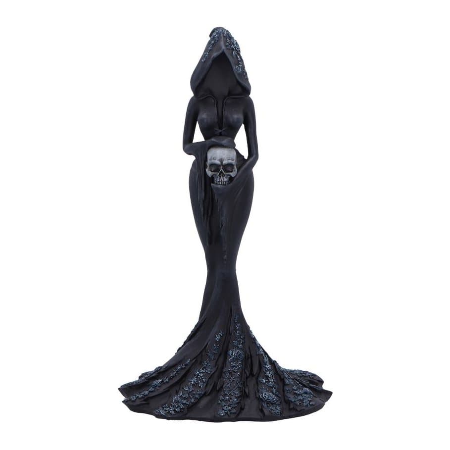 Matte black resin figurine of a hooded, faceless woman holding a skull