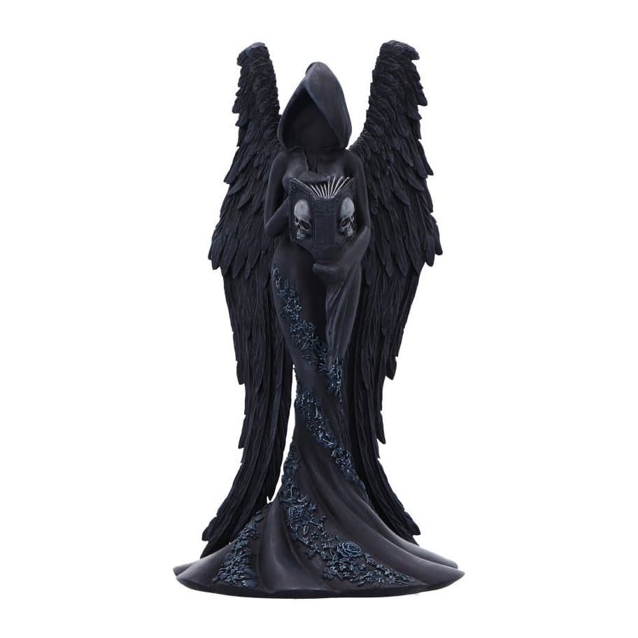 Hooded winged femme fatale figurine holding a skull book, in matte black resin