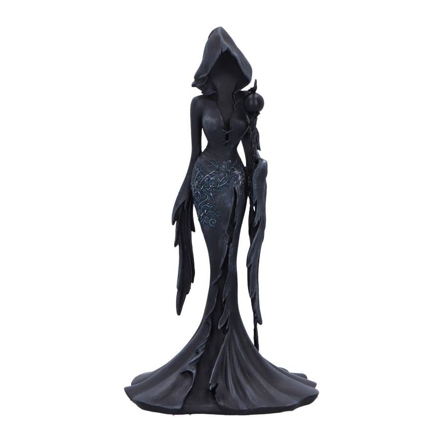 Matte black resin figurine of a faceless hooded woman holding a wand
