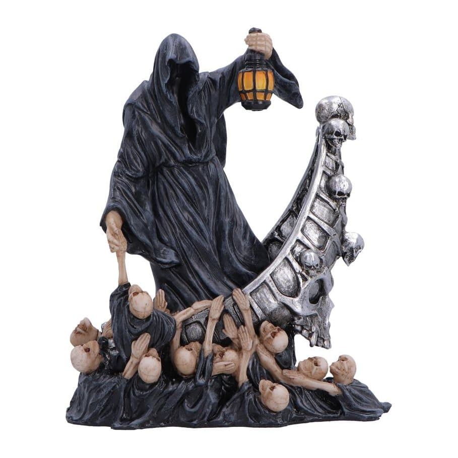 Final Passage gothic Reaper figurine on a silver ship with skulls and a lantern
