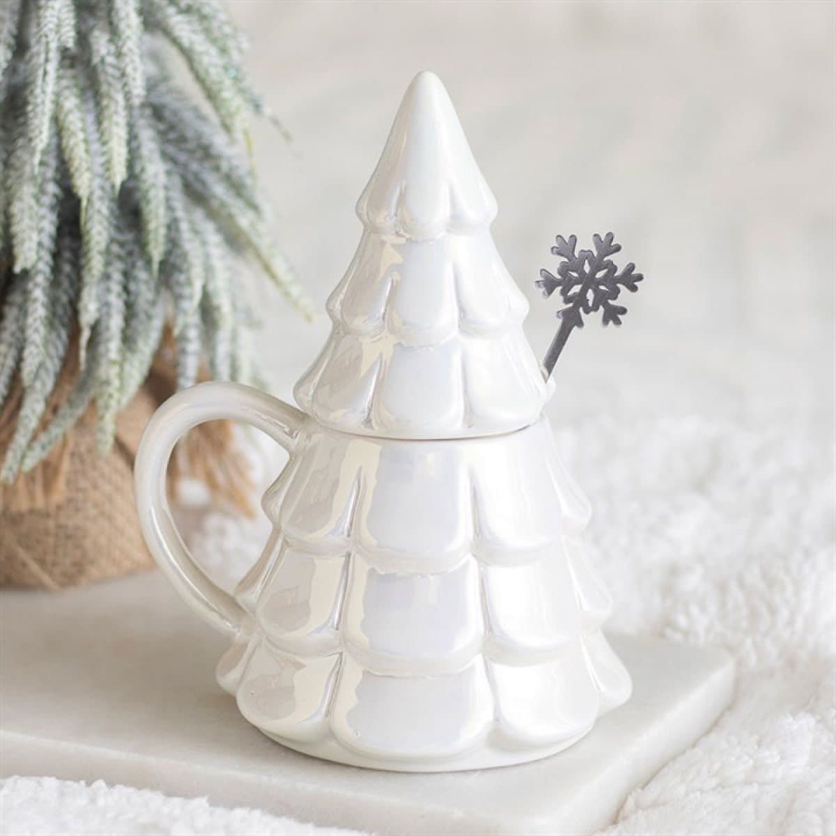 Iridescent white ceramic fir tree mug with a matching snowflake spoon