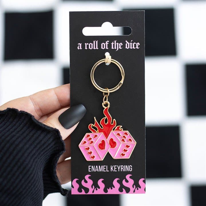 Flaming dice enamel keyring in alloy