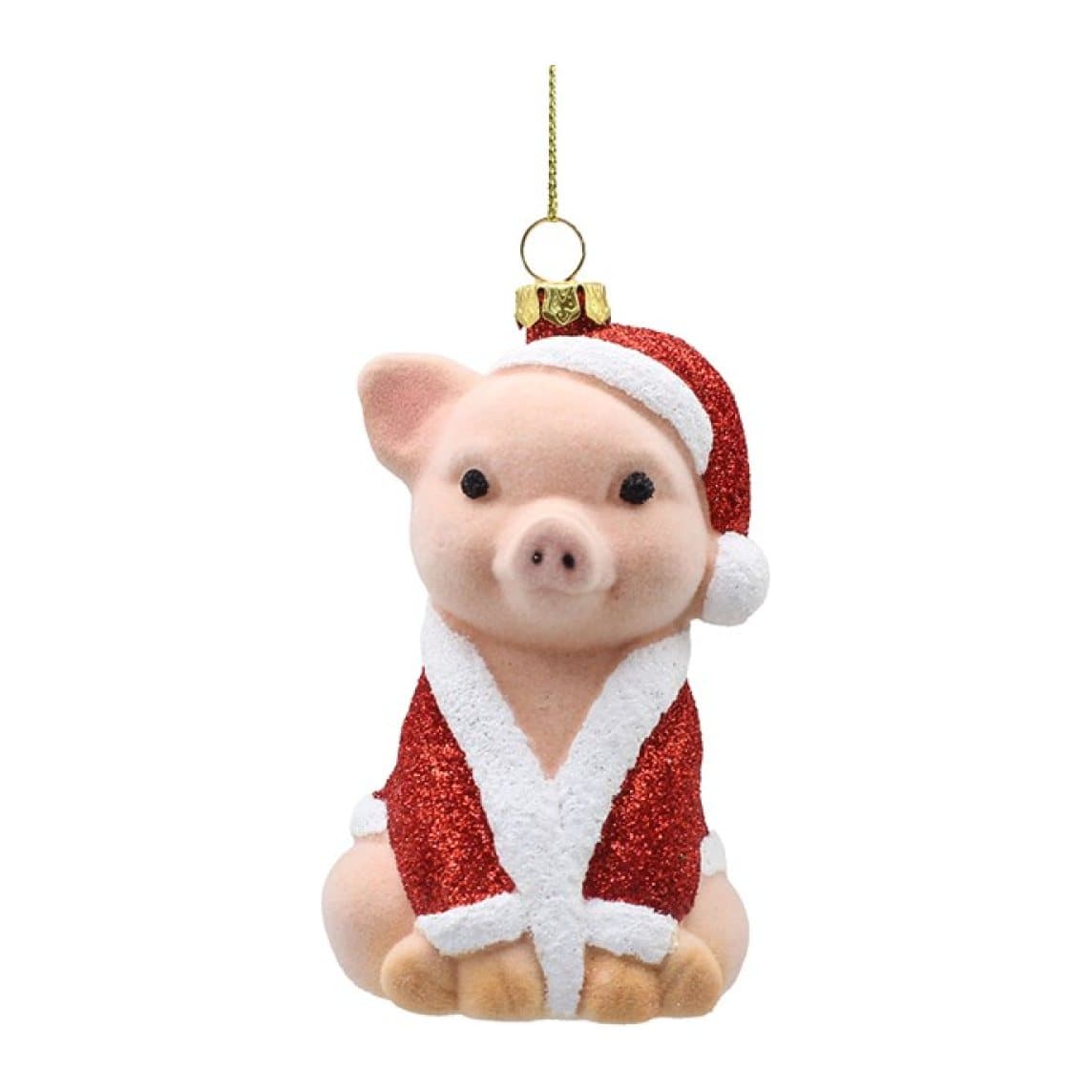 Flocked glass pig decoration in a red outfit and Santa hat