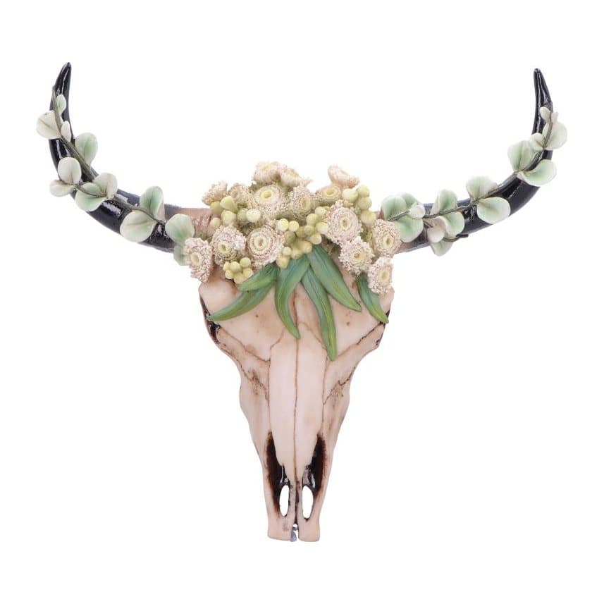 Floral crown skull ornament with a withered skull topped with sculpted flowers