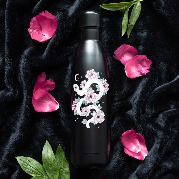 Dark steel water bottle with a floral snake design