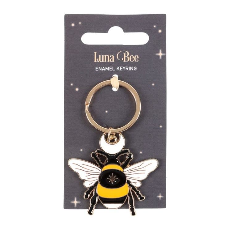 Forest Bee enamel keyring on a header card
