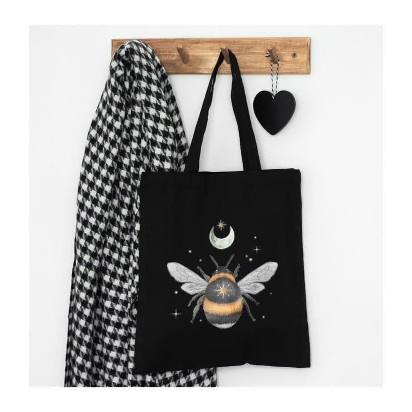 Black tote bag with a delicate bee design