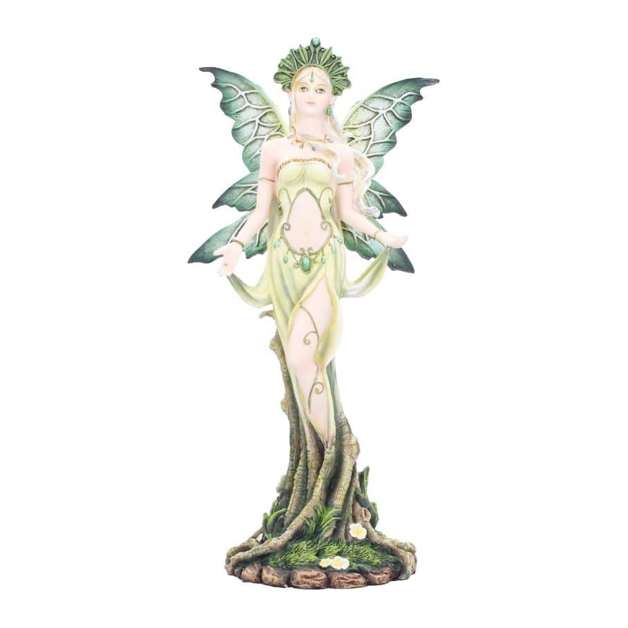 Forest Guardian fairy figurine in green tones with dark green wings and a leafy crown