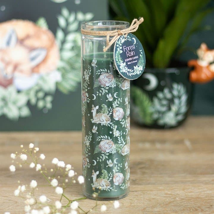 Forest Rain tube candle with a fox and fawn design