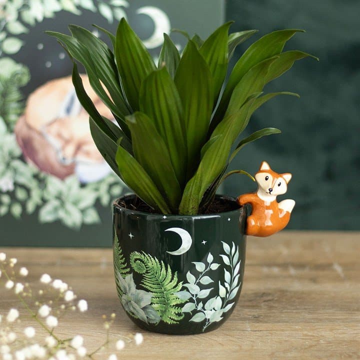 Green forest plant pot with fox