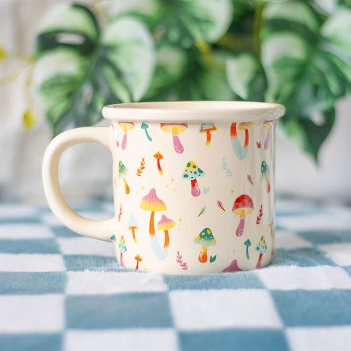 Colourful mug with a groovy mushroom design