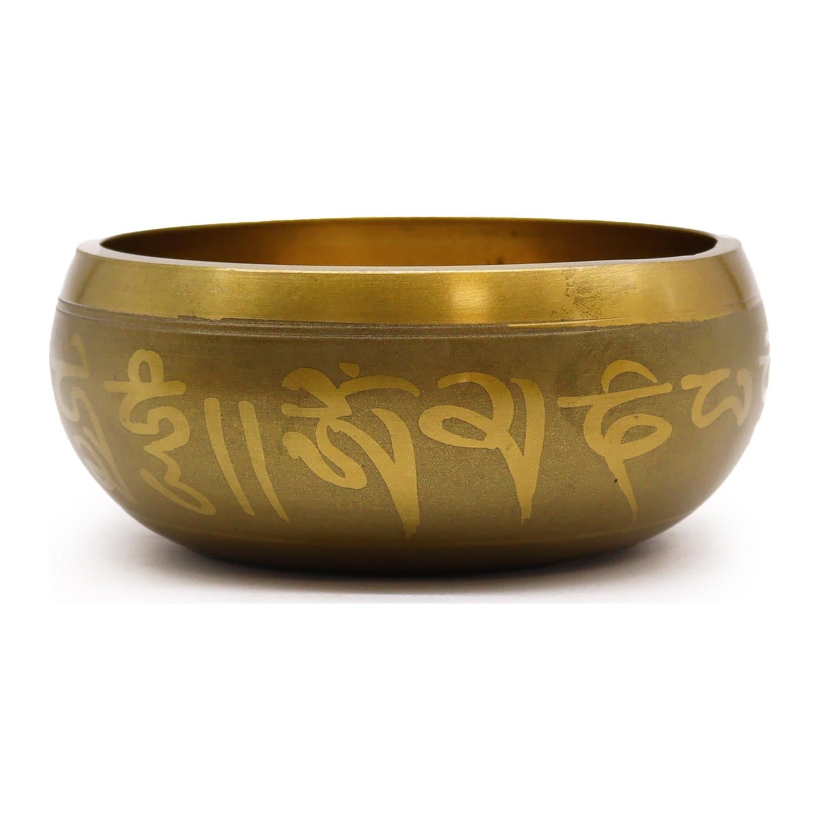 Brass Ganesh singing bowl with engraved script and a raised Ganesh motif on the base