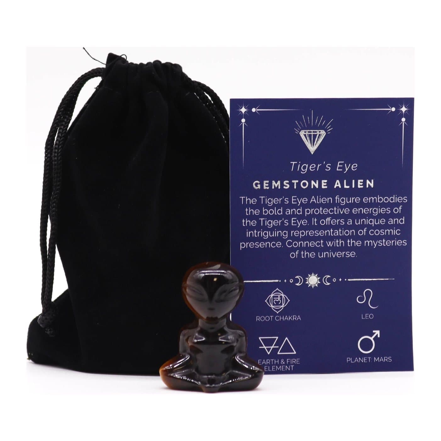 Small alien-shaped figurine made from tiger eye gemstone