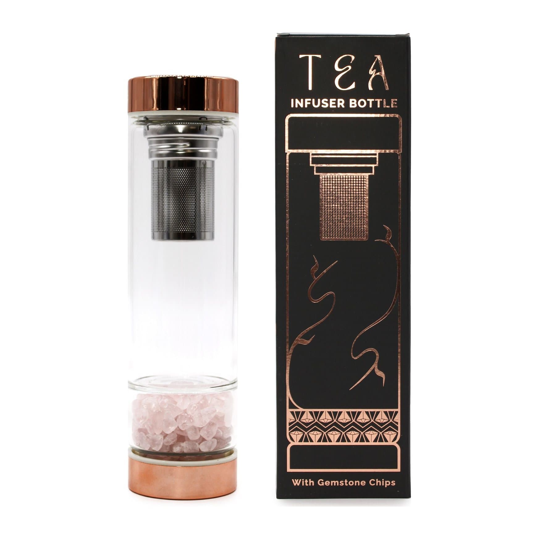 Glass tea infuser bottle with a rose quartz base