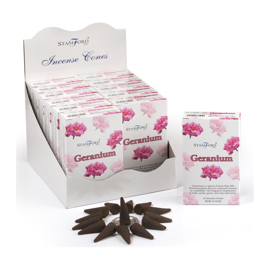 Geranium incense cones with a metal incense holder