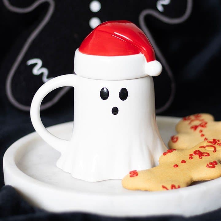 Ghost mug with Santa hat lid