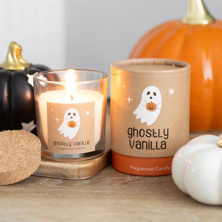 Ghostly Vanilla Halloween candle in a glass holder