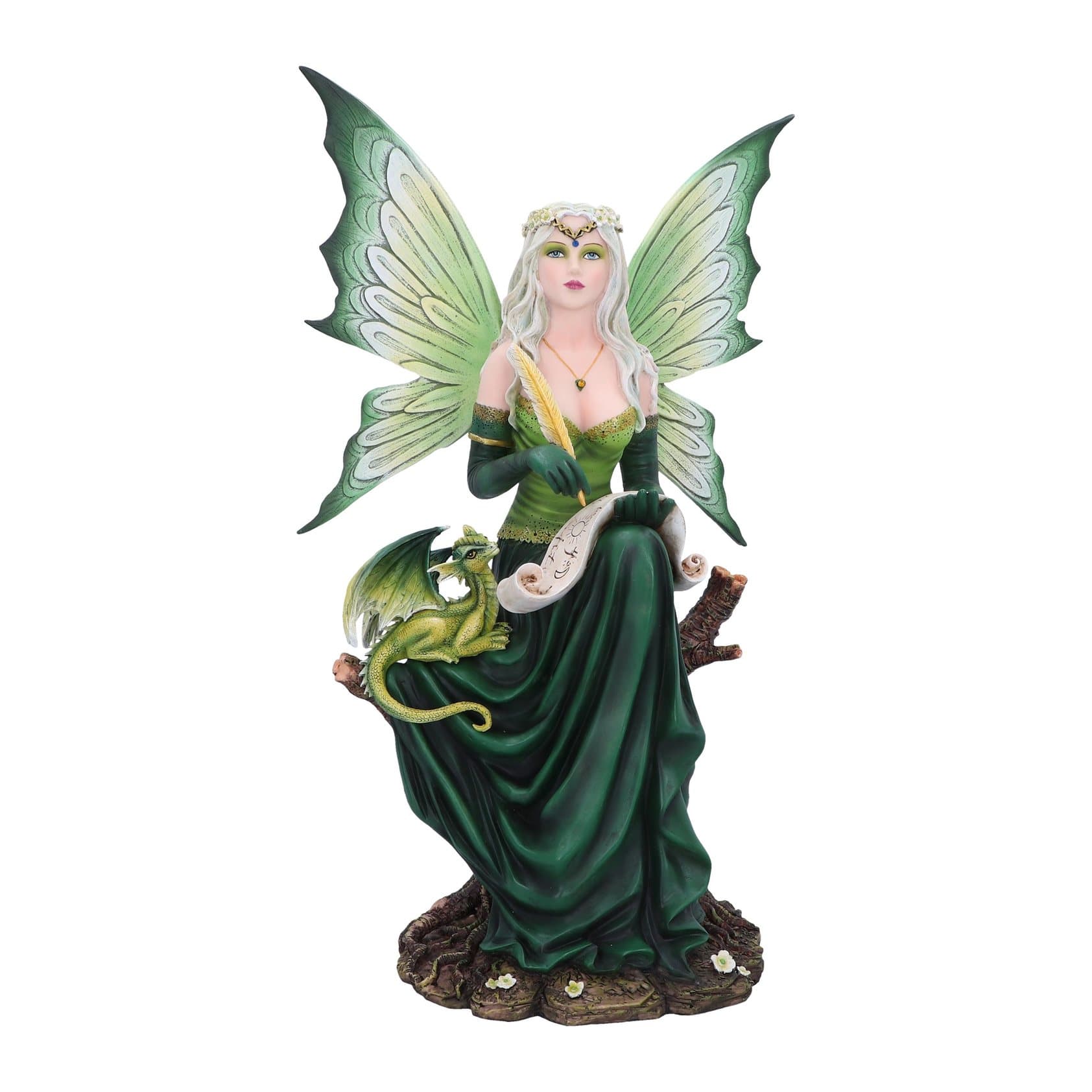 Resin fairy figurine with scroll and feather pen and a small dragon beside her