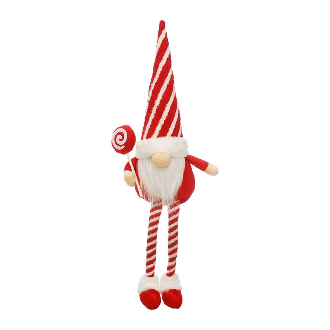Tall red and white gonk with long striped legs