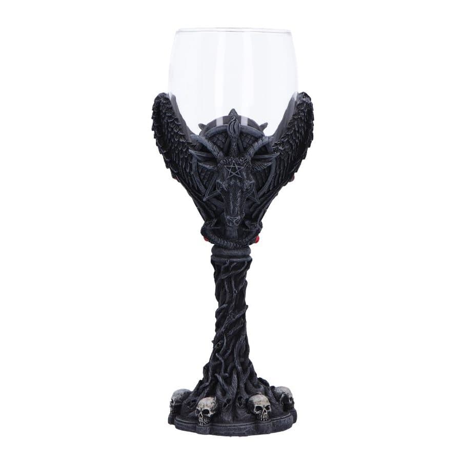 Matte black resin goblet with a Baphomet head over a raised pentagram and skull motifs