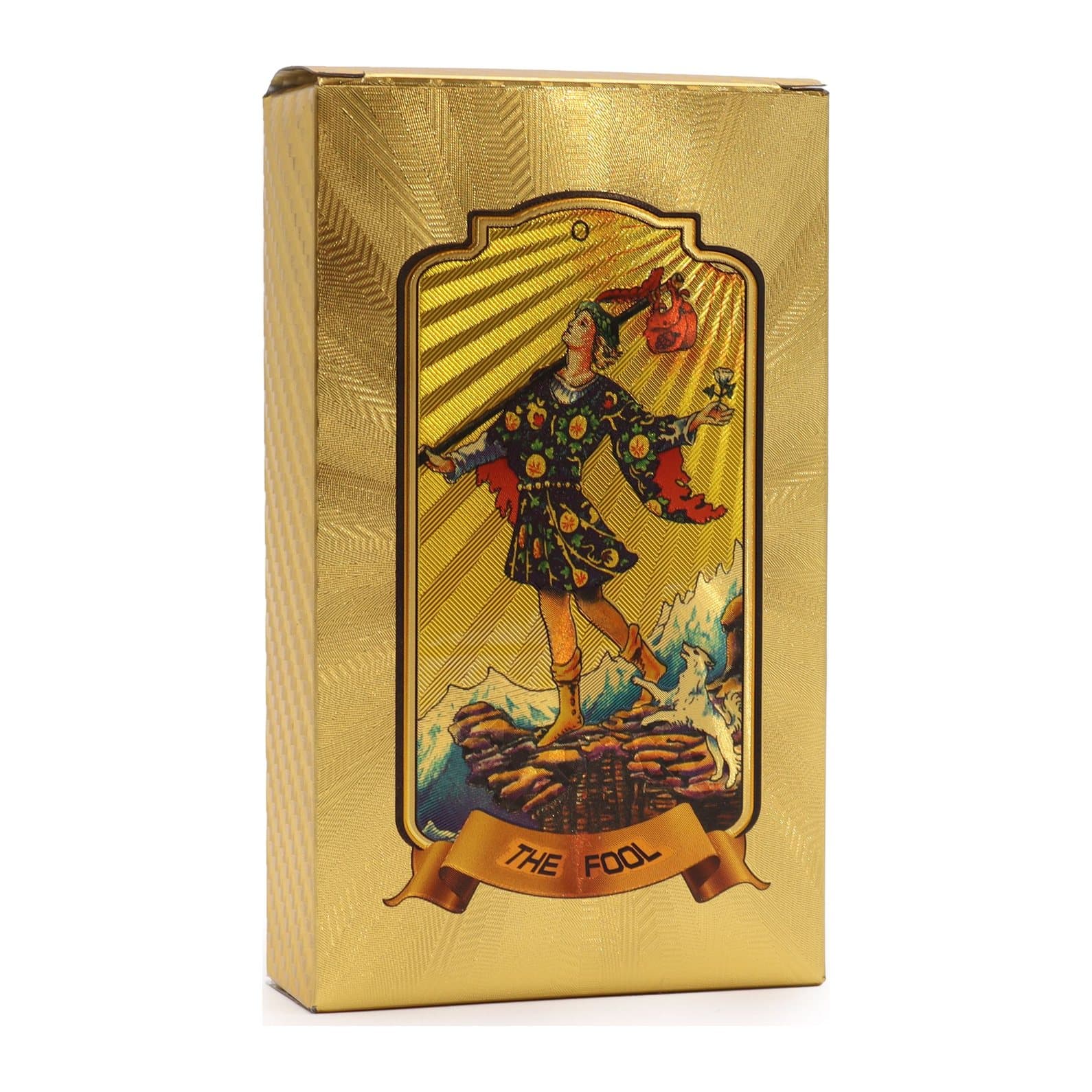 Gold foil tarot cards in a black and gold box