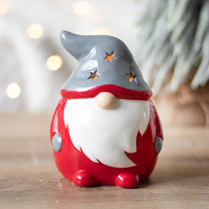 Red and grey gonk tealight holder with a starry hat