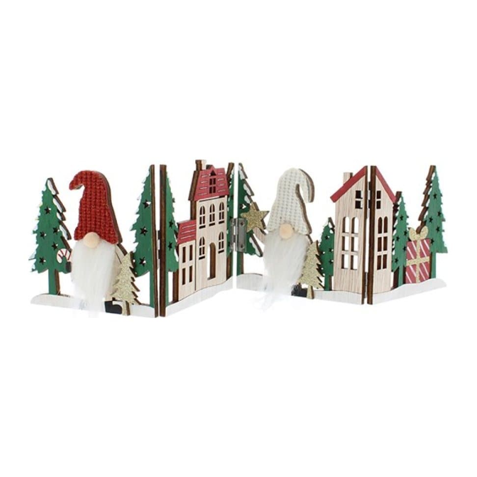 Wooden Christmas scene with two gonks and colourful houses