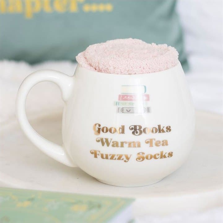 Ceramic Good Books, Warm Socks, Hot Tea mug with matching socks and gift box
