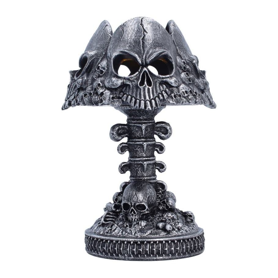 Black gothic skull lamp with silver highlights and a base covered in bones