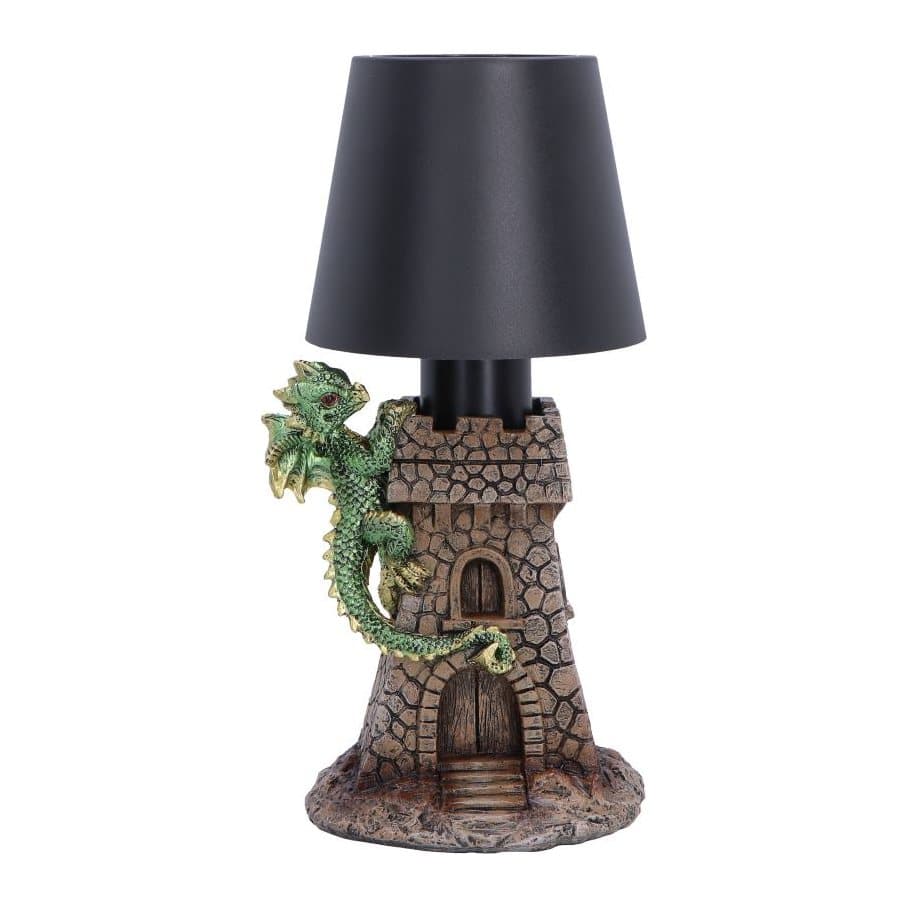 Green dragon climbing the walls of a dark stone castle lamp