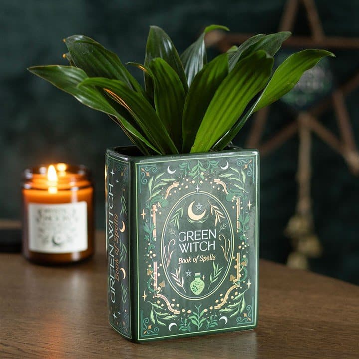 Green Witch grimoire book vase