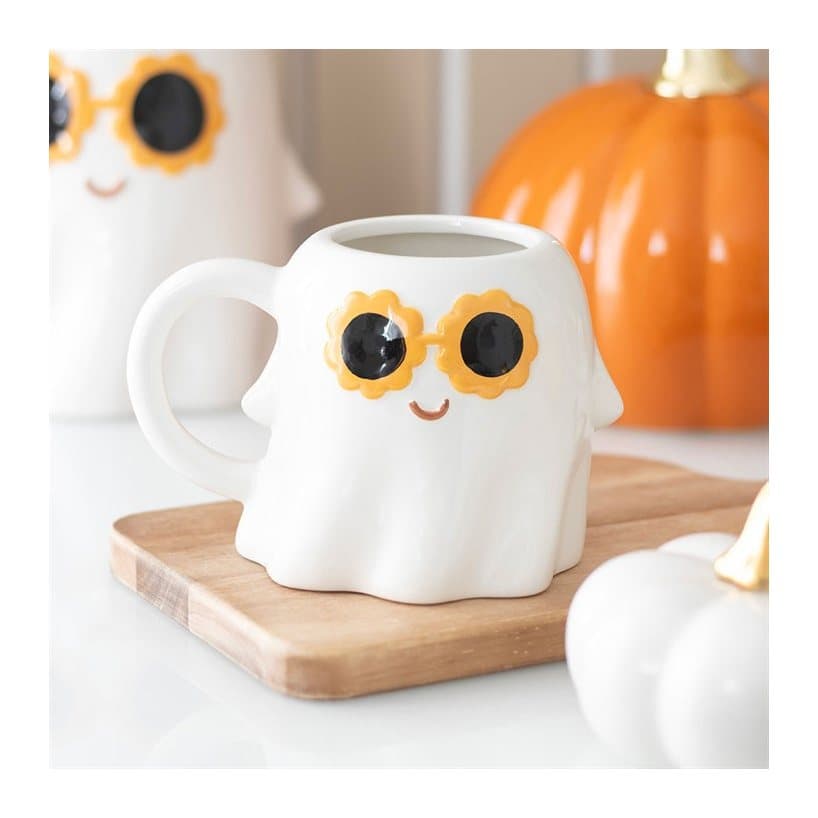 Ghost-shaped mug wearing sunglasses