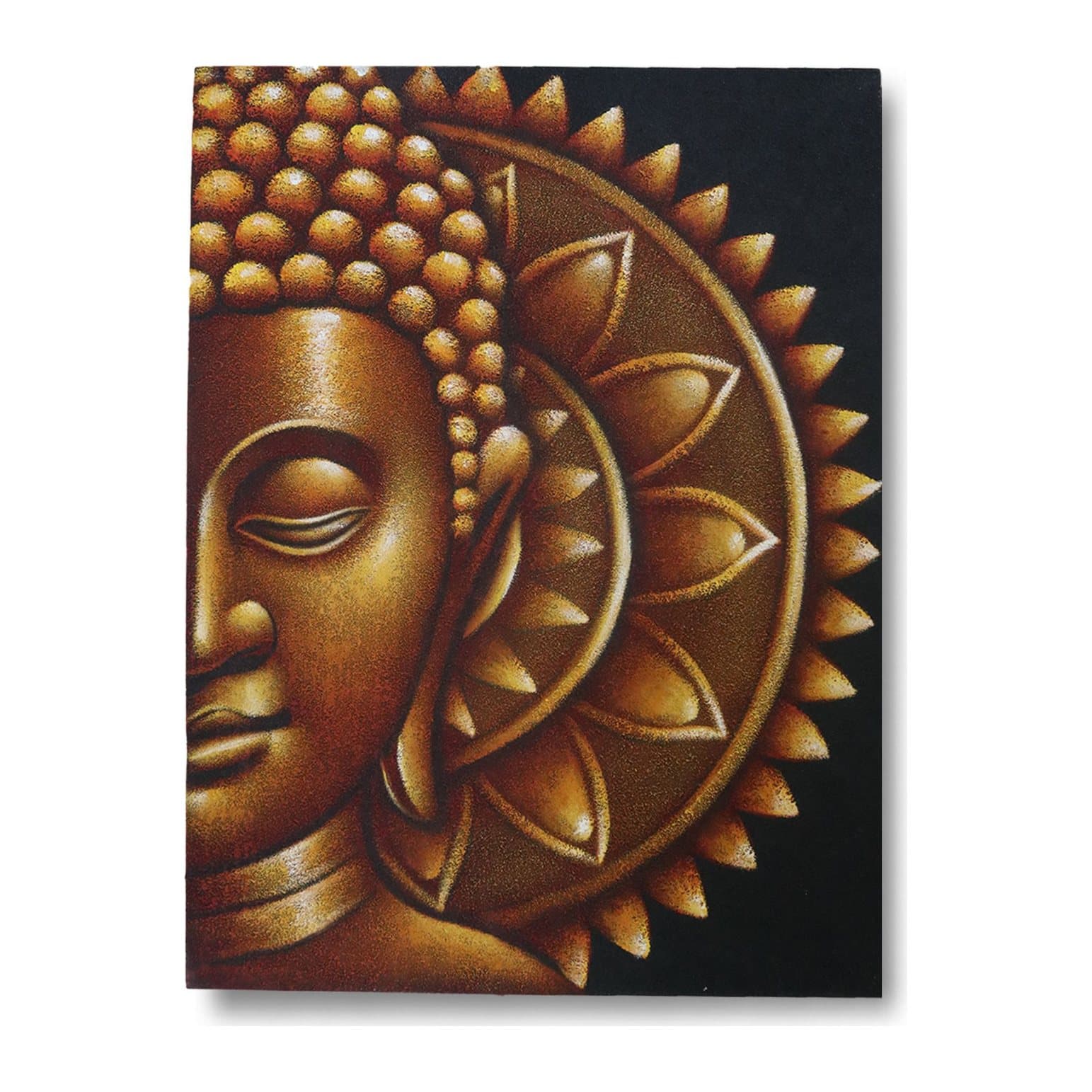 Half Buddha mandala painting on canvas in a natural wooden frame