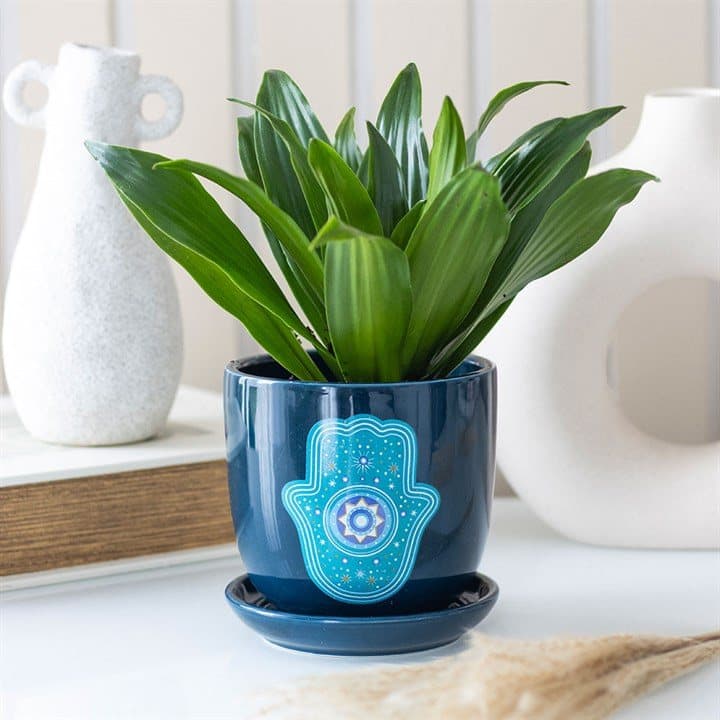 Dark blue Hamsa hand plant pot