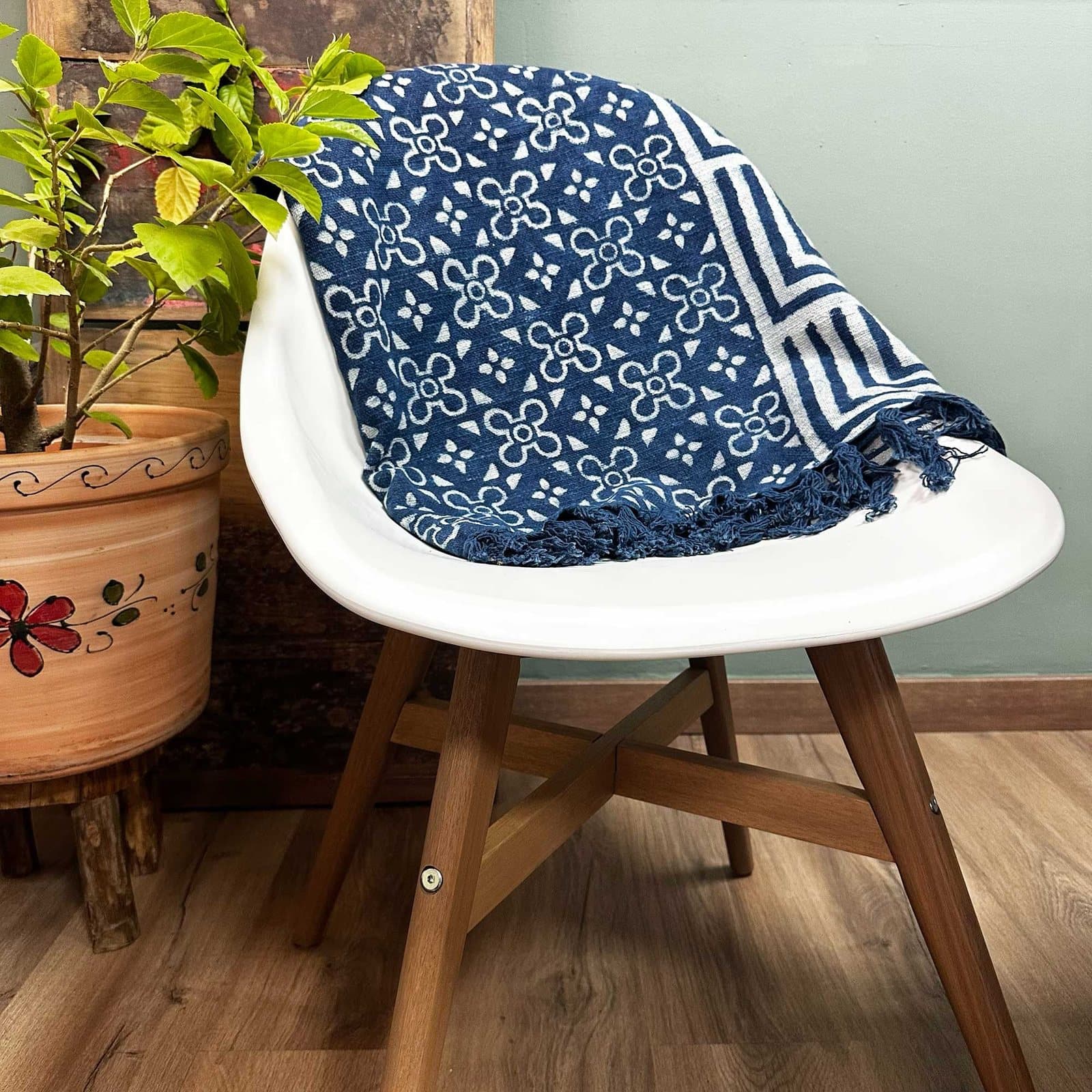 Handmade indigo-blue cotton throw in the Kasba Tiles pattern